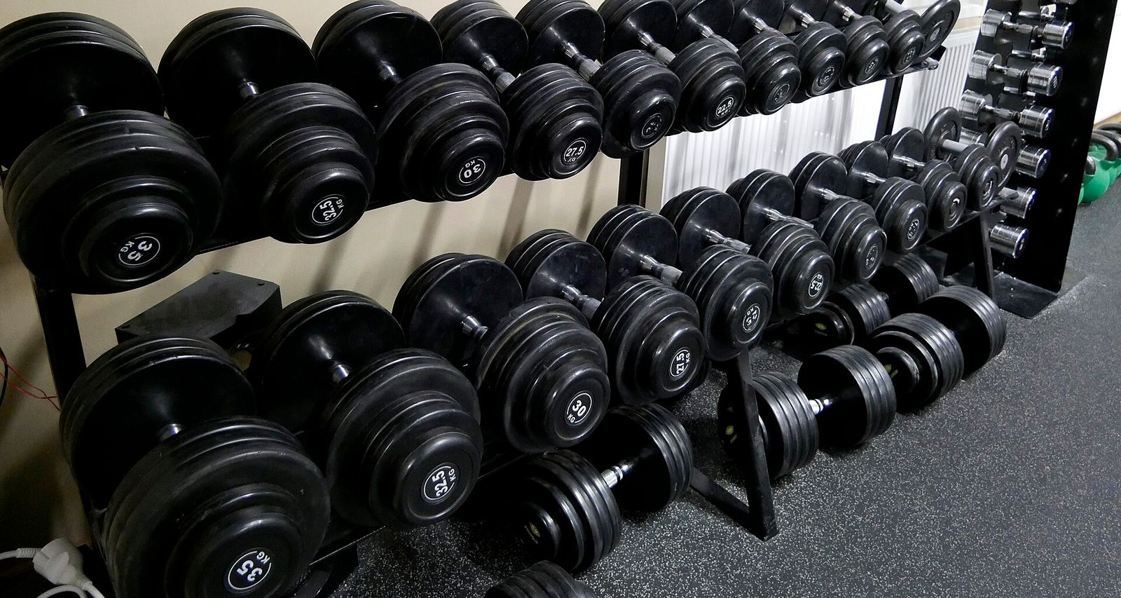 Deux rangées d'haltères noirs de 22,5 à 35 kg sur un râtelier, dans une salle de musculation