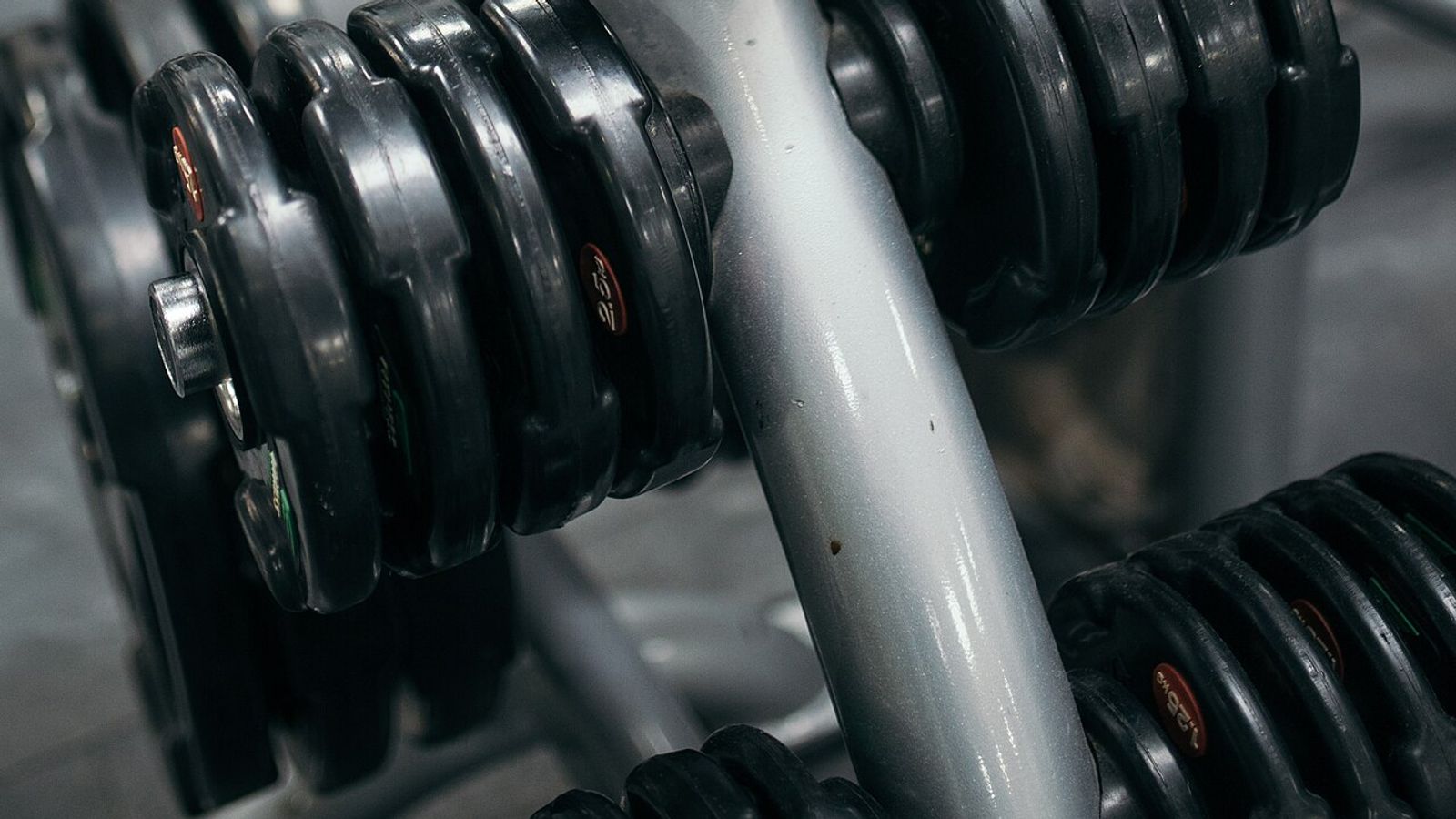 Des disques de musculation noirs empilés sur un support métallique, en salle de sport