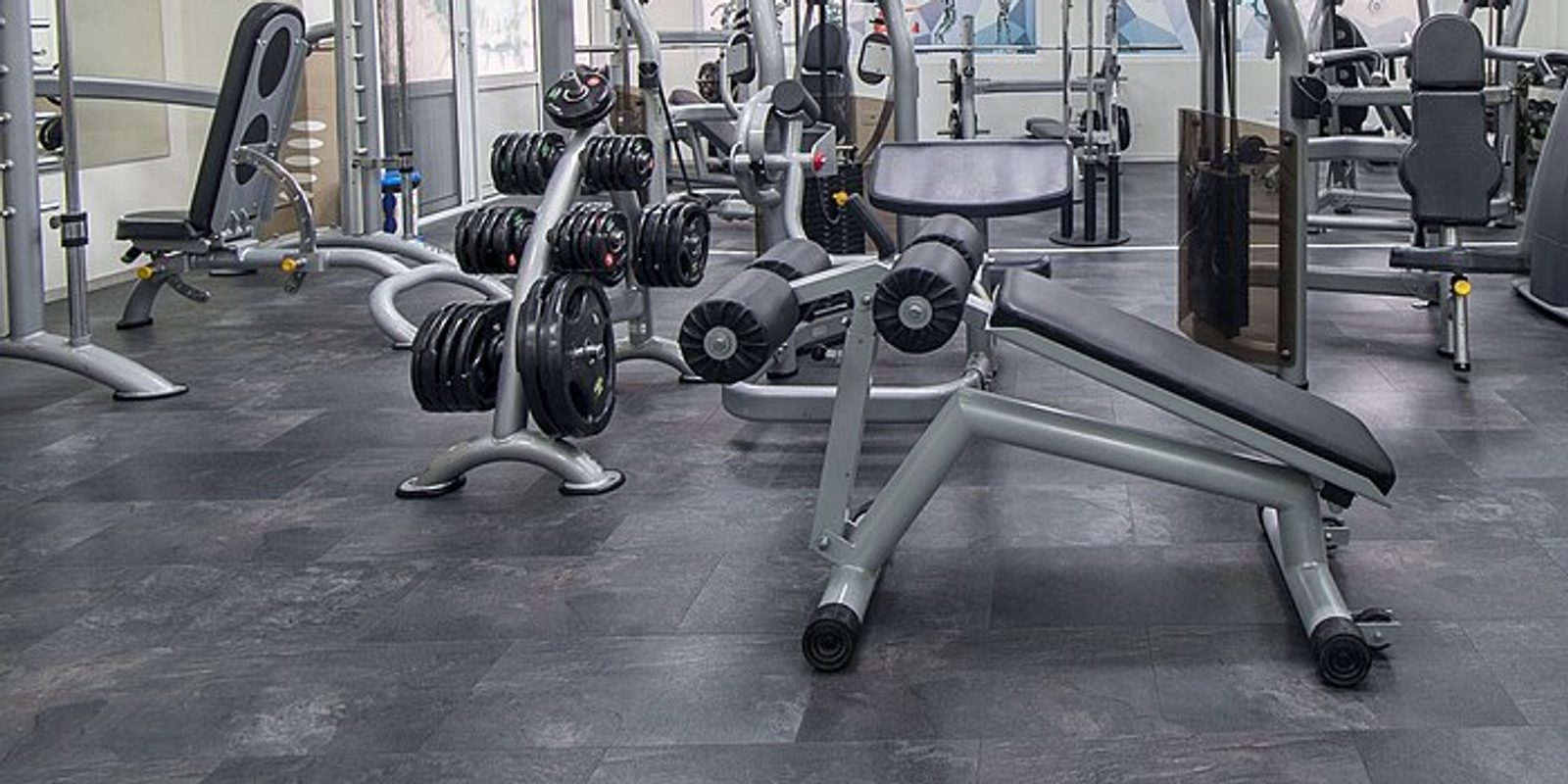 Un râtelier d'haltères, un banc réglable et des machines de musculation guidées dans une salle vide